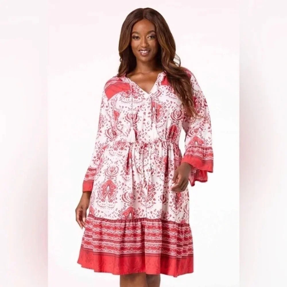 PLUS SIZE BELL SLEEVE SHIRT DRESS RACING RED